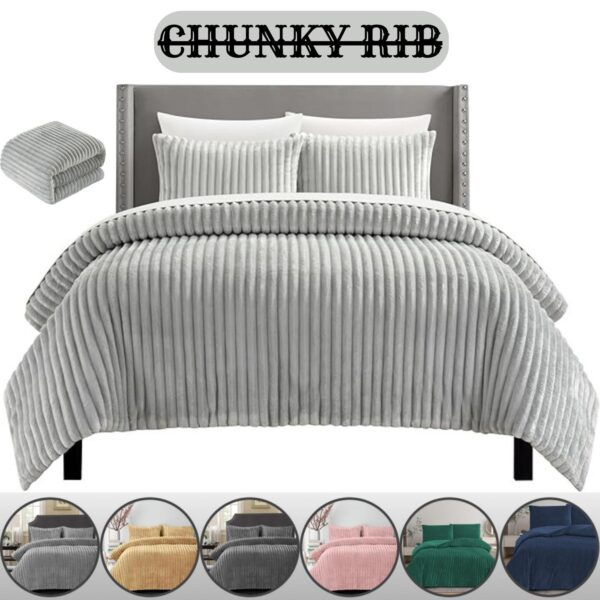 CHUNKY RIBBED CORD PLUSH DUVET SET TEDDY SHERPA FLEECE WARM DUVET COVER SET WITH PILLOWCASE SINGLE DOUBLE KING SIZES UK